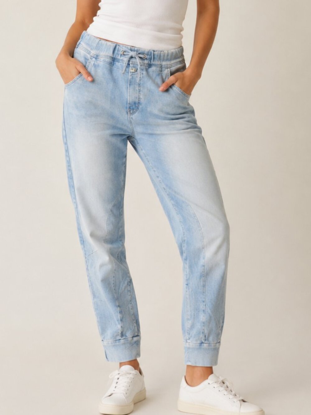 COJ Cup of Joe Faux Denim Mila Light Wash Jogger Jeans Drawstring Cuffed